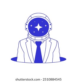 Y2k astronauta cômico empresário buraco retro groovy azul esboço linha ícone vetor ilustração plana. Capacete cosmonauta psicodélico em terno de gravata de negócios cosmos galáxia universo contemporâneo pop art tatuagem