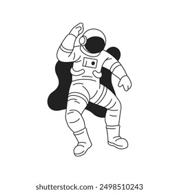 Y2k comic astronaut in outer space idea gesture outline icon vector flat illustration. Cosmonaut in helmet spacesuit surreal funky science fiction futuristic technology contoured black emblem