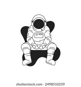 Astronauta cómico Y2k cansado sentado en el espacio exterior icono de contorno Vector ilustración plana. Cosmonauta en traje espacial de casco depresión molesto infeliz relajante ciencia ficción futurista emblema de tecnología