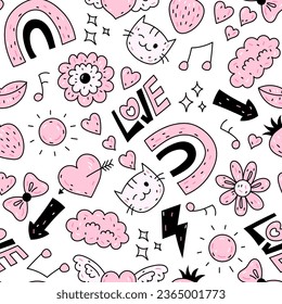 Y2k Comic doodle seamless pattern. Y2k girlish pink vector seamless background with hand drawn abstract elements, love, hearts, rainbow, cat, music stickers, badges. 