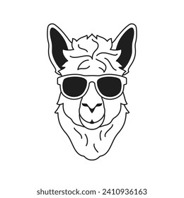 Y2k comic fashion lama in summer sunglasses portrait monochrome line retro groovy icon vector illustration. Funky furry animal head in vogue eyeglasses minimal trendy sticker for simple t shirt print