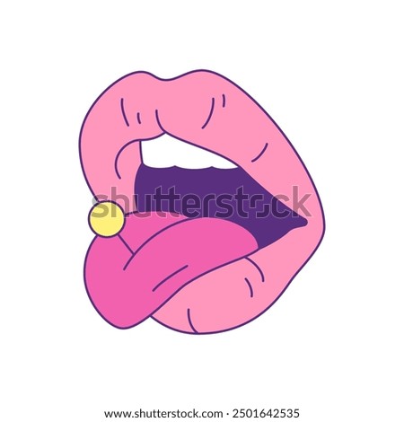 Y2k comic female pink lips with pin needle contemporary pop art icon vector flat illustration. Seductive woman month with spine point psychedelic vivid color retro groovy t shirt print