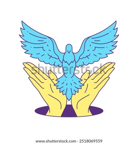 Y2k comic human hand with flying pigeon from hole contemporary pop art icon vector flat illustration. Psychedelic contemporary pop art blue bird freedom peace love funky summer groovy t shirt print