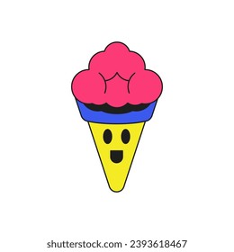 Y2k comic ice cream cone funky cartoon character groovy style icon vector flat illustration. Psychedelic funny iced creamy dessert emoji surreal trendy sticker minimal contour emblem for t shirt print