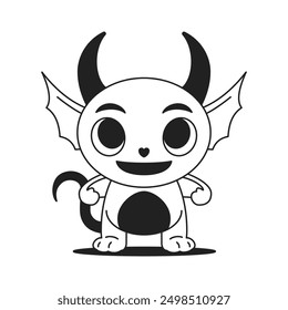 Y2k comic little devil demon evil mascot neo gothic outline icon vector flat illustration. Cute baby monster funny vampire with horns and tail contemporary pop art funky monochrome t shirt print