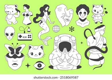 Y2k comic minimal retro groovy line icon psychedelic concept set vector flat illustration. Hype contemporary pop art Kawaii bear cat astronaut alien Greek sculpture with snake head butterfly gamepad