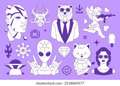 Y2k comic neo gothic glam Kawaii retro groovy line icon set contemporary pop art concept vector flat illustration. Surreal Cupid angel cracked cyber man sculpture bear businessman alien UFO brilliant