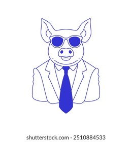 Y2k comic pig animal businessman in tie suit psychedelic line icon vector flat illustration. Surreal fashion piggy business cartoon character in sunglasses portrait contemporary pop art groovy sticker