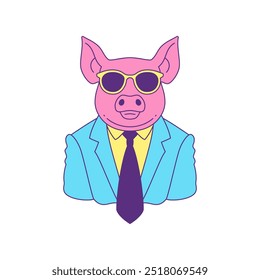 Y2k comic pig fashion business man contemporary pop art contoured icon vector flat illustration. Funky farm animal in sunglasses and blue suit tie psychedelic summer groovy t shirt print