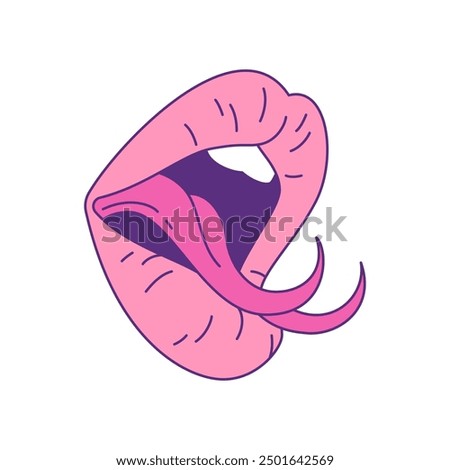 Y2k comic pink female lips with snake tongue psychedelic contemporary pop art icon vector flat illustration. Surreal woman seductive open mouth funky reptile viper cobra trendy t shirt print