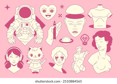 Y2k cômico retro groovy rosa emo girl Kawaii ícone psicodélico conjunto vetor ilustração plana. Surreal neogótico funky decolado moderno astronauta escultura coração gato contemporâneo pop art conceito