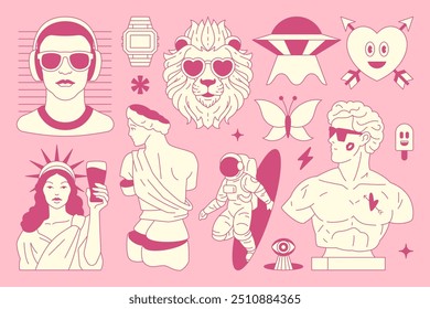 Y2k cômico retro groovy psicodélico ícone contorno rosa conjunto vetor ilustração plana. Mínimo tatuagem funky trendy adesivo surreal liberdade estátua leão cyber homem OVNI alienígena escultura moda glam conceito