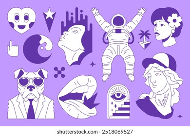 Y2k comic surreal retro groovy line icon psychedelic tattoo concept set vector flat illustration. Funky dog businessman astronaut digital future woman mouth crown hype sculpture monument t shirt print