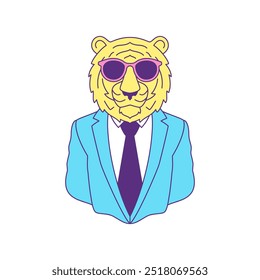 Y2k quadrinho tigre homem de negócios em óculos de sol arte pop contemporânea contornada ícone vetor ilustração plana. Funky desenho animado felino predador animal selvagem em moda gravata terno groovy t shirt imprimir