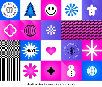 Y2k composition for happy new year and Marry Christmas Playful retro elements, Geometry stickers. Pink and blue colors. 