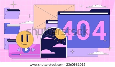 Y2k computer interface error 404 flash message. 1990s folders, emoji. Website landing page ui design. Not found cartoon image, dreamy vibes. Vector flat illustration concept with 90s retro background