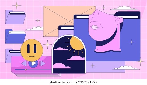 Y2k computer interface lo fi aesthetic wallpaper. 1990s folder files, melted smile, surreal arch 2D vector cartoon composition illustration, purple lofi background. 90s retro album art, chill vibes