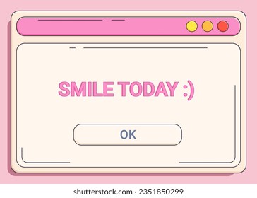 Y2K computer open window with cheerful text, retro technology graphics, vector illustration, card, postcard.