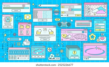 Ventanas de PC de computadora Y2k, interfaz de página retro, interfaz de usuario de Vector. Iconos viejos de la pantalla de la computadora de escritorio, ventanas del navegador vaporwave y2k, mensaje de advertencia de error, cuadros de diálogo y cuadros de chat de software estético