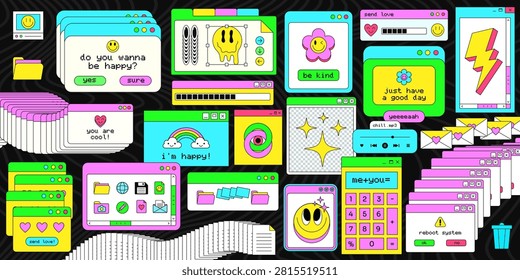 Y2k Computer UI Cute Vector Illustration. Vaporwave Interface Cartoon System Window Signs. Cool Retro Pop Art Background.
