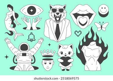 Y2k arte pop contemporáneo concepto psicodélico línea mínima icono conjunto Vector ilustración plana. Mínimo cómico lobo hombre de negocios sirena todo viendo ojo boca labios astronauta escultura torso Gato Kawaii