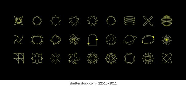 Y2k cool geometric outline shapes, modern minimal style design elements. Constructor of trendy geometric postmodern figures. Vector illustration of brutalist contemporary stars