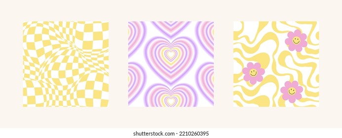 Y2k cool groovy backgrounds. Retro pop 70s cute hippie backdrop. Seventies psychedelic pattern wallpaper. Vector illustration in groovy trendy yellow, pink, violet colors