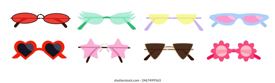 Y2K Cool Punk Trendy Gafas de sol de verano de diseño diferente lente decorativa colección.Triángulo, Fuego Llama, Estrella, Corazón, Pequeño Oval formas gafas de conjunto en Groovy retro 80, estilo 90. Vector Clipart