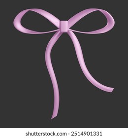 Y2k coquette gift bow. Purple 3d cute ribbon drawing. Vintage fabric band for valentine present box. Romantic decorative hologram knot decoration. Realistic 90s hair fashion bowknot feminine accessory