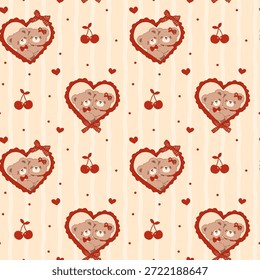 Y2K Coquette Valentine seamless pattern vintage Teddy Bears Couple Hugging in Heart Frame Striped Shabby Chic Preppy Printable Background