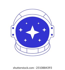 Y2k cosmonaut helmet with bright star comic contemporary pop art line icon vector flat illustration. Astronaut protective headdress space suit for universe galaxy cosmic travel explore blue sketch