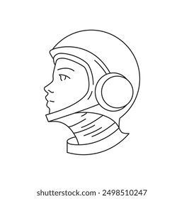 Y2k cosmonaut in helmet with open face portrait contemporary pop art outline icon vector illustration. Astronaut futuristic young person head outer space universe galaxy exploration t shirt print