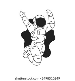 Y2k cosmonaut in spacesuit at outer space universe travel outline icon vector flat illustration. Astronaut floating galaxy exploration comic cyber technology monochrome contoured black tattoo