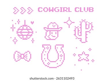 Y2k cowgirl disco party pink icons. Retro cowboy western isolated vector illustration in pixel art. Cactus, pink lucky horse shoe, star collage stickers. Wild west game abstract design elements set