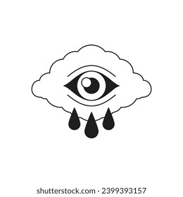 Y2k crying cloud with eye tears drops psychedelic monochrome line retro groovy icon vector illustration. Weird air sky depression sad unhappy minimal black trendy sticker for t shirt print