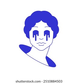 Y2k crying female goddess in hole contemporary pop art comic blue line icon vector flat illustration. Funky psychedelic antique woman gothic head monument with tears drops sketch t shirt print