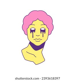Y2k crying sculpture antique woman bust cartoon element groovy style icon vector flat illustration. Psychedelic statue ancient goddess monument with tears drops trendy sticker for t shirt print