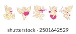 Y2k cute baby boys angels psychedelic Cupid contemporary pop art vector illustrations set. Heaven love heart glamour girlish characters elements for sticker, print and t-shirt design
