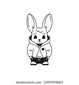 Y2k cute baby bunny rabbit in jacket streetwear monochrome line retro groovy icon vector illustration. Adorable hare cartoon character with long ears in fashion outfit minimal trendy sticker