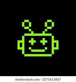 Y2k cute bot pixel art icon. Robot head icon. Chatbot 8 bit video game emoji. Vintage retro sticker. Editable pixel vector illustration. Game abstract element. Geometric shape. Vector green element