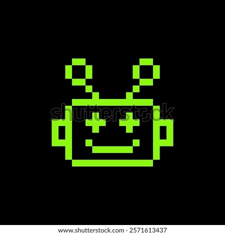 Y2k cute bot pixel art icon. Robot head icon. Chatbot 8 bit video game emoji. Vintage retro sticker. Editable pixel vector illustration. Game abstract element. Geometric shape. Vector green element