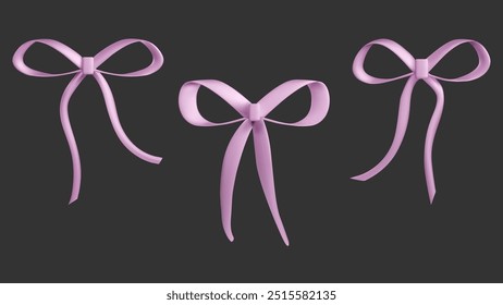 Y2k cute coquette bow. 3d gift ribbon illustration. Purple satin tie band icon for girly romantic present. Simple feminine decorative element set. Pretty charming and aesthetic knot fir valentine 