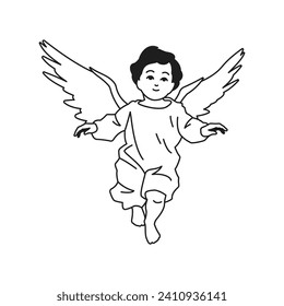 Y2k cute flying baby boy angel holy sacred religious cartoon character monochrome line retro groovy icon vector illustration. Adorable little winged kid heaven Christianity Catholic minimal sticker