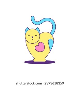 Y2k cute funky cat with heart and tail comic cartoon character groovy style icon vector flat illustration. Adorable kitten feline pet domestic animal minimal trendy sticker for t shirt print