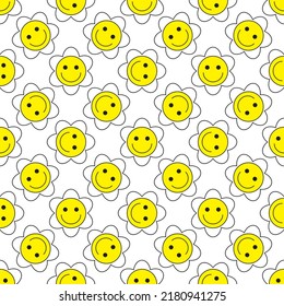 Y2K Cute Funny Flower vector seamless pattern with smiling faces. Happy positive. Stickers from the 70s, 80s, 90s. Retro style. Collection of patches. Repeat stock illustration. Cartoon funky print.