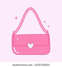 Y2k cute girly pink bag. Glamour princess of 00s accessory. Female handbag icon. Nostalgia graphic element. Vector illustration