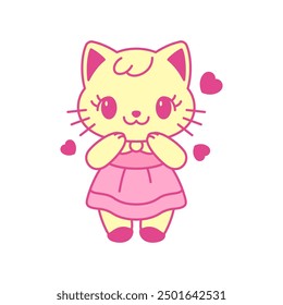 Y2k cute Kawaii kitten toy pink cat with heart love comic retro groovy icon vector flat illustration. Glamour girls feminine little kitten in dress adorable trendy t shirt print funky emoji