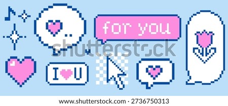 Y2k cute pixel love icons on light blue background with pink hearts, flower, cursor, speech bubbles. Retro 8-bit game pixel stickers for social media, digital love messages, Valentine designs