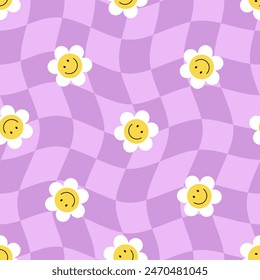 Y2k cute simple checkered seamless pattern with groovy daisy flowers. Spring and summer background. Background in trendy retro trippy 2000s style. Funny texture for surface design. Vector illustration