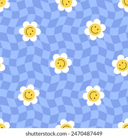 Y2k cute simple checkered seamless pattern with groovy daisy flowers. Spring and summer background. Background in trendy retro trippy 2000s style. Funny texture for surface design. Vector illustration